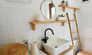 Vintage bathroom with sink and shelves