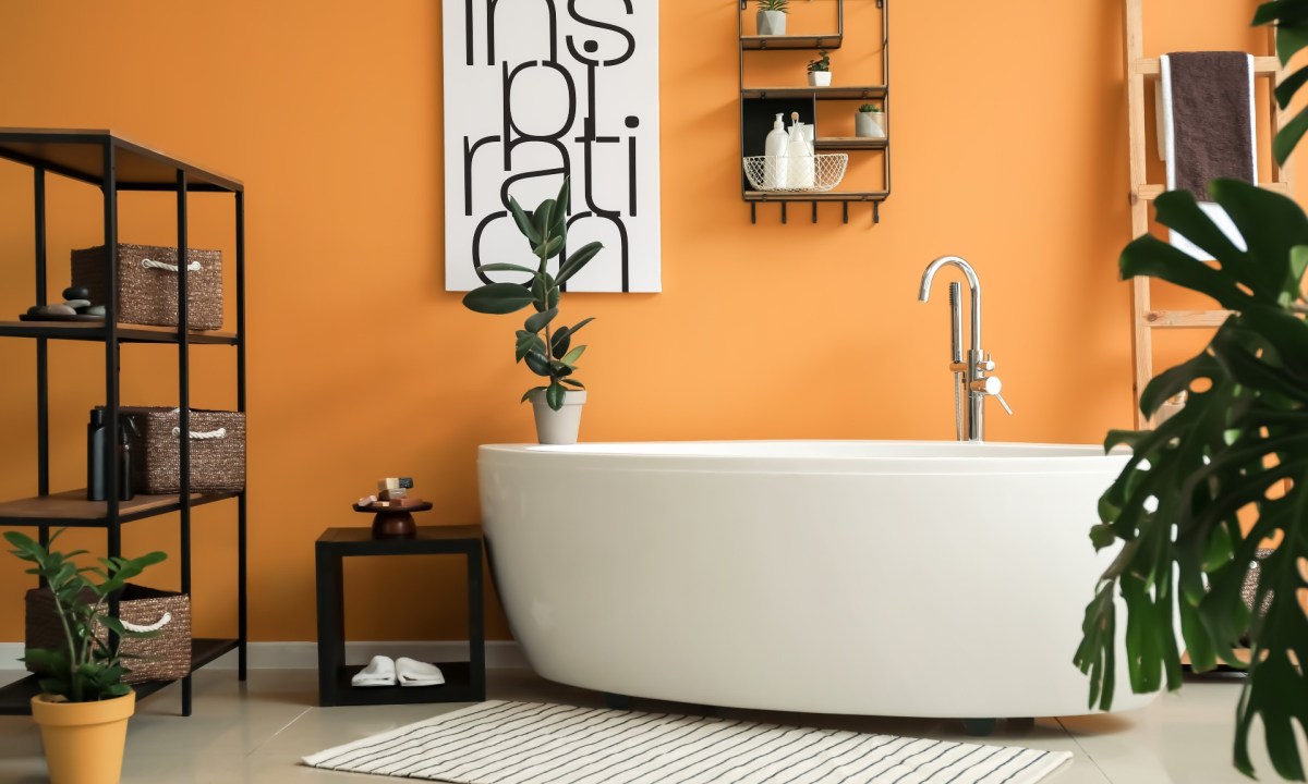 Bathroom with orange walls and a plant