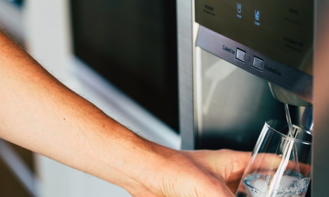 Person getting ice and water from fridge ice maker