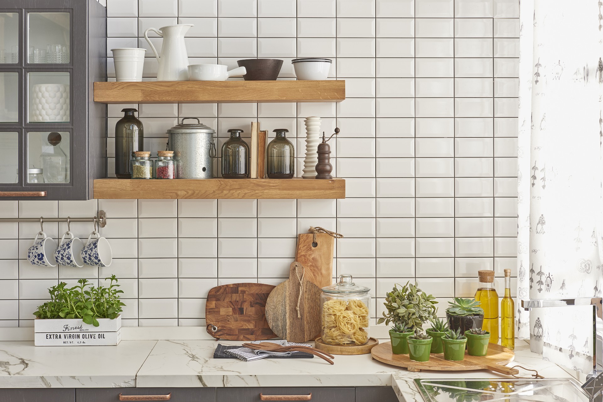 kitchen with subway tiles and dark grout