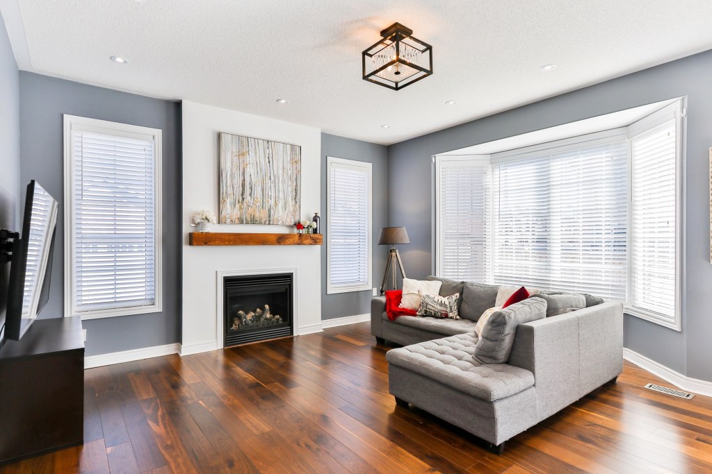 living room with gray walls