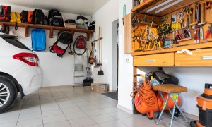 garage with clean tools on peg board