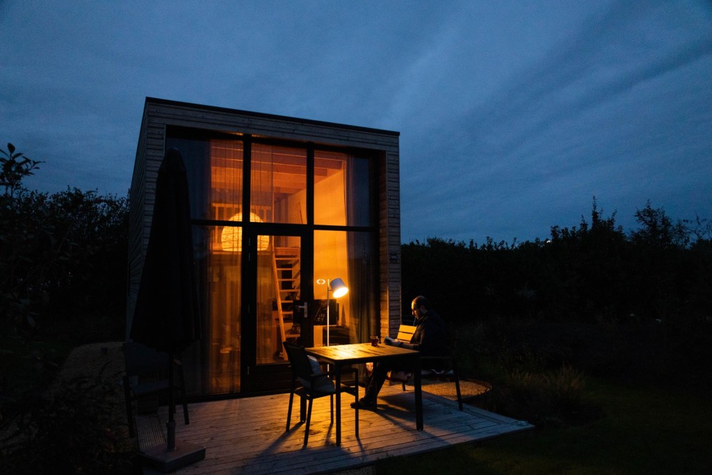 Tiny house at night