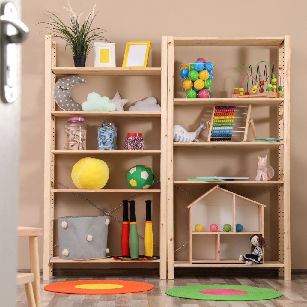 vertical playroom storage shelves
