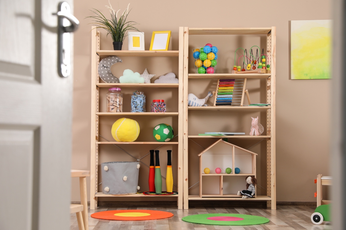 vertical playroom storage shelves