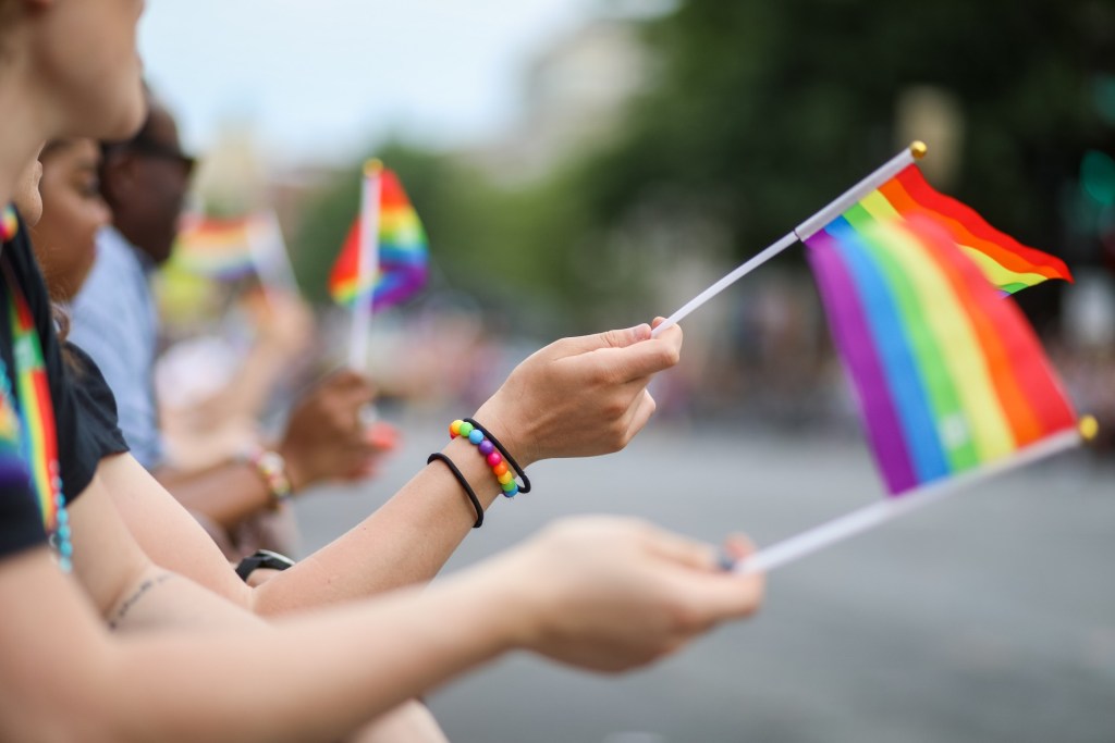 Crowd waving Pride flags