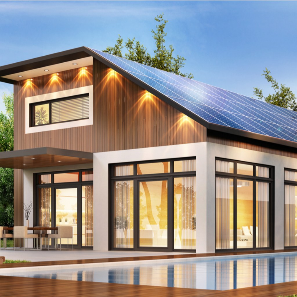 pool house with solar panels on the roof