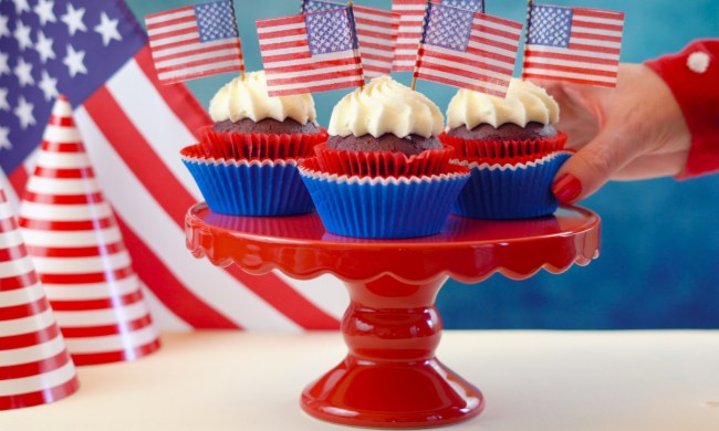 Red, white, and blue theme cupcakes with USA flags for Independence Day