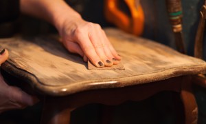 Close-up of a hand sanding a chair seat