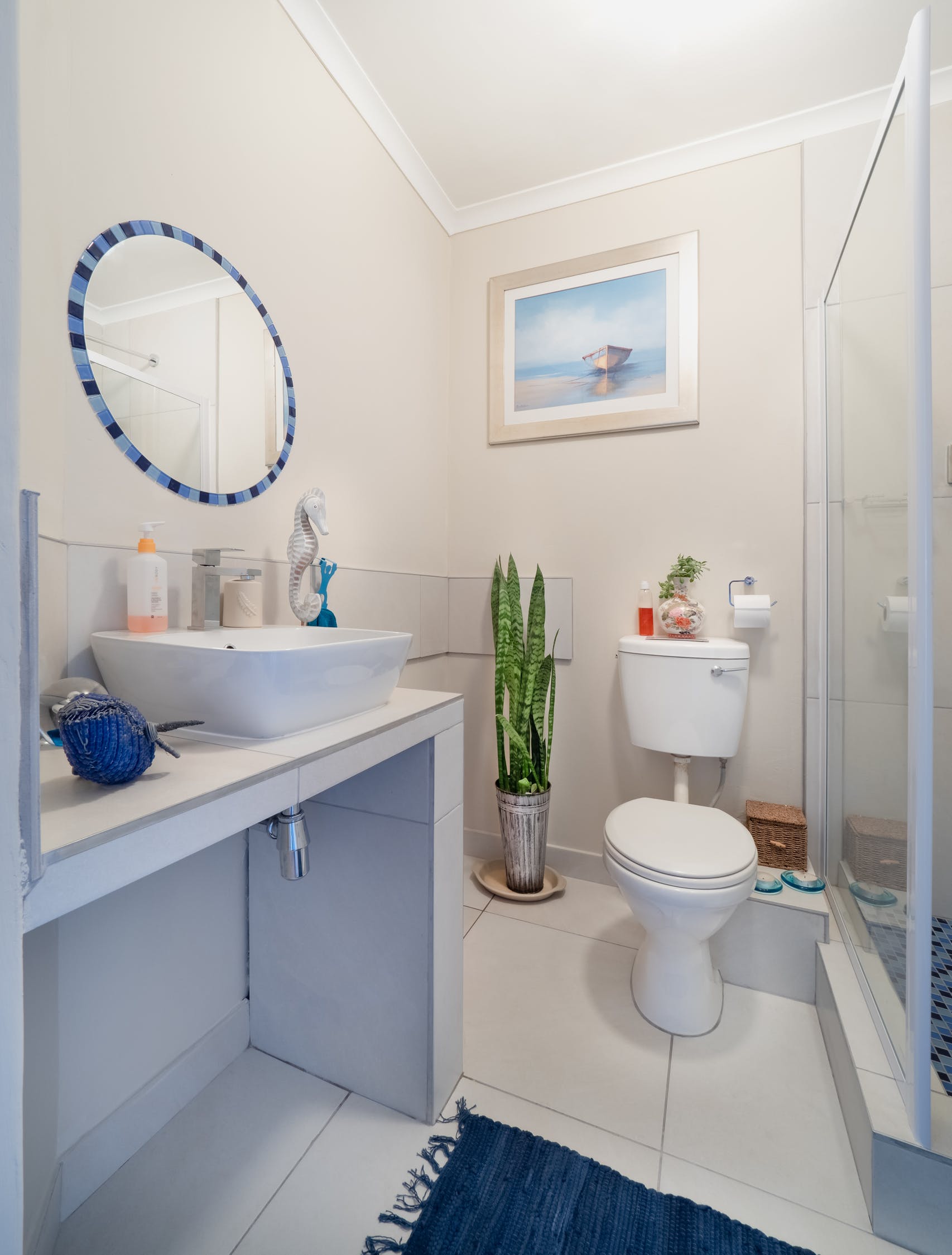 white and blue bathroom