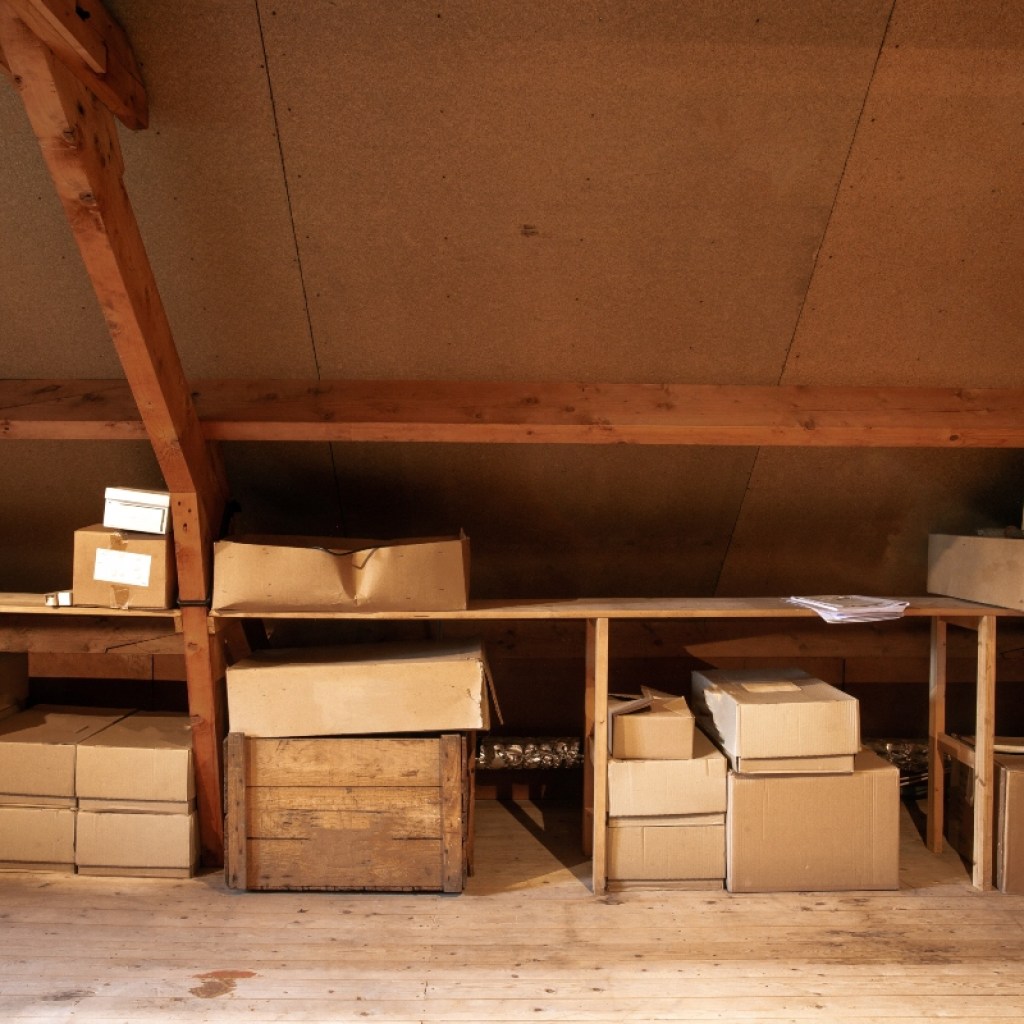 Attic storage area with shelves and boxes