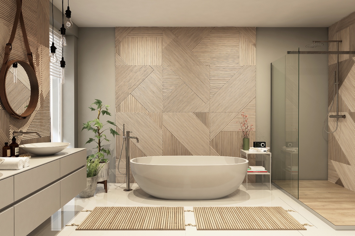 a clean modern bathroom with tan walls