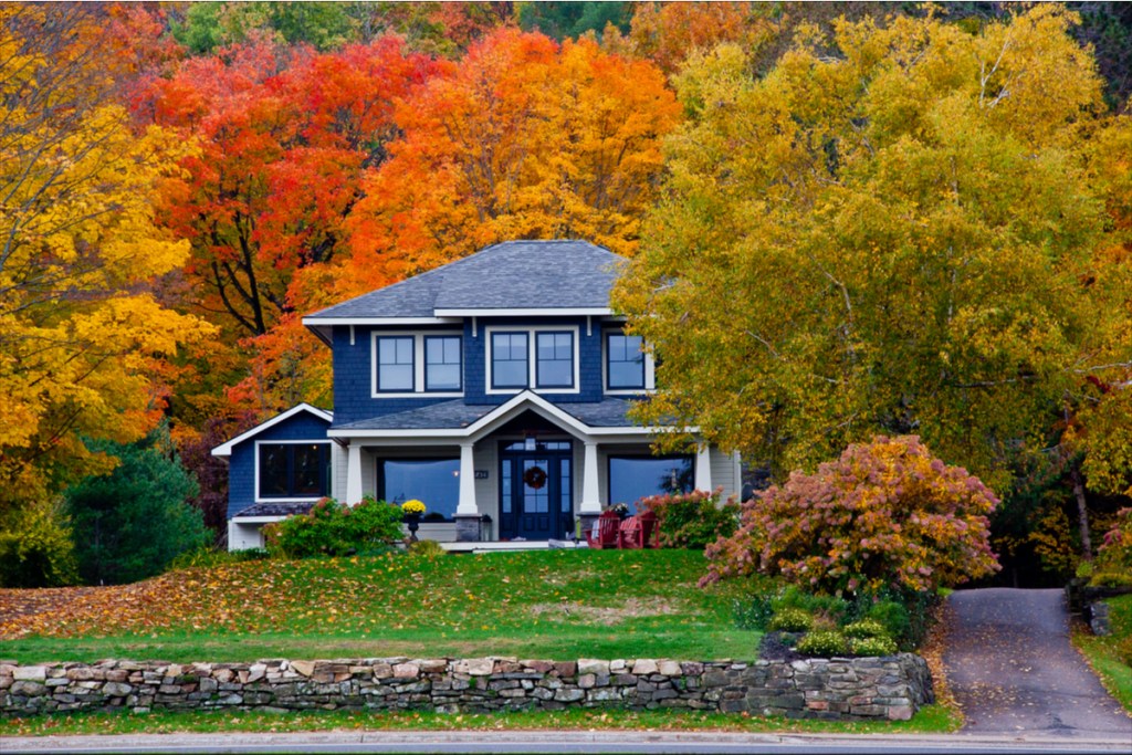 Blue house in autumn