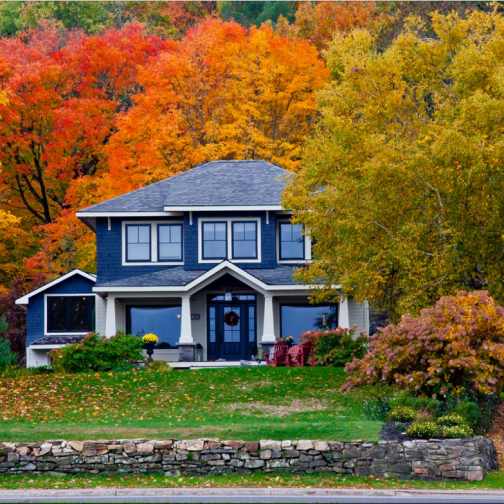 Blue house in autumn