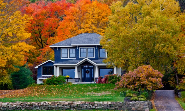 Blue house in autumn