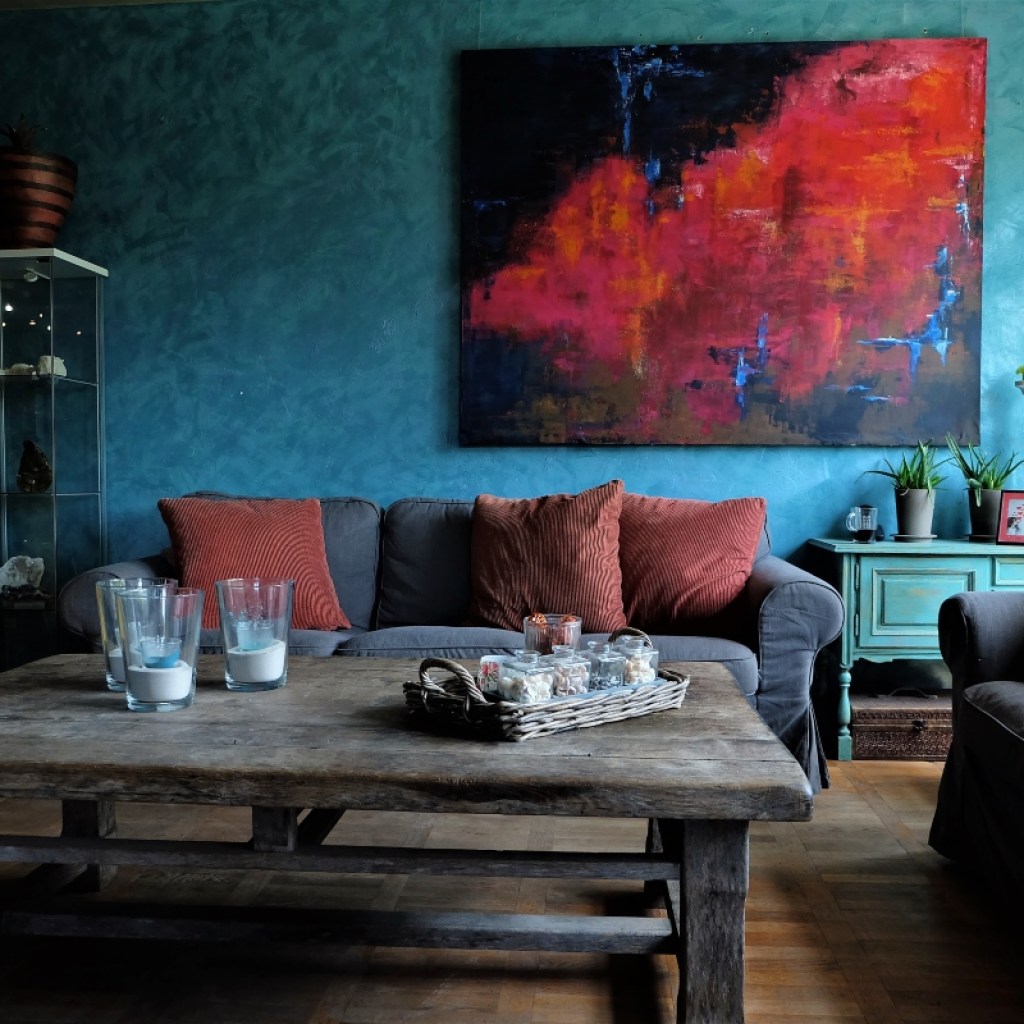 blue walls in a maximalist living room