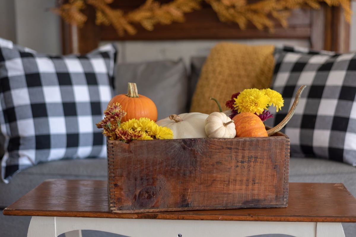 Plaid fall decor in living room
