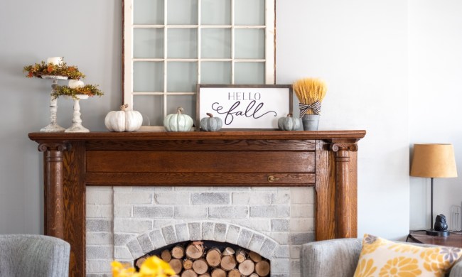 fall home decor on fireplace mantel