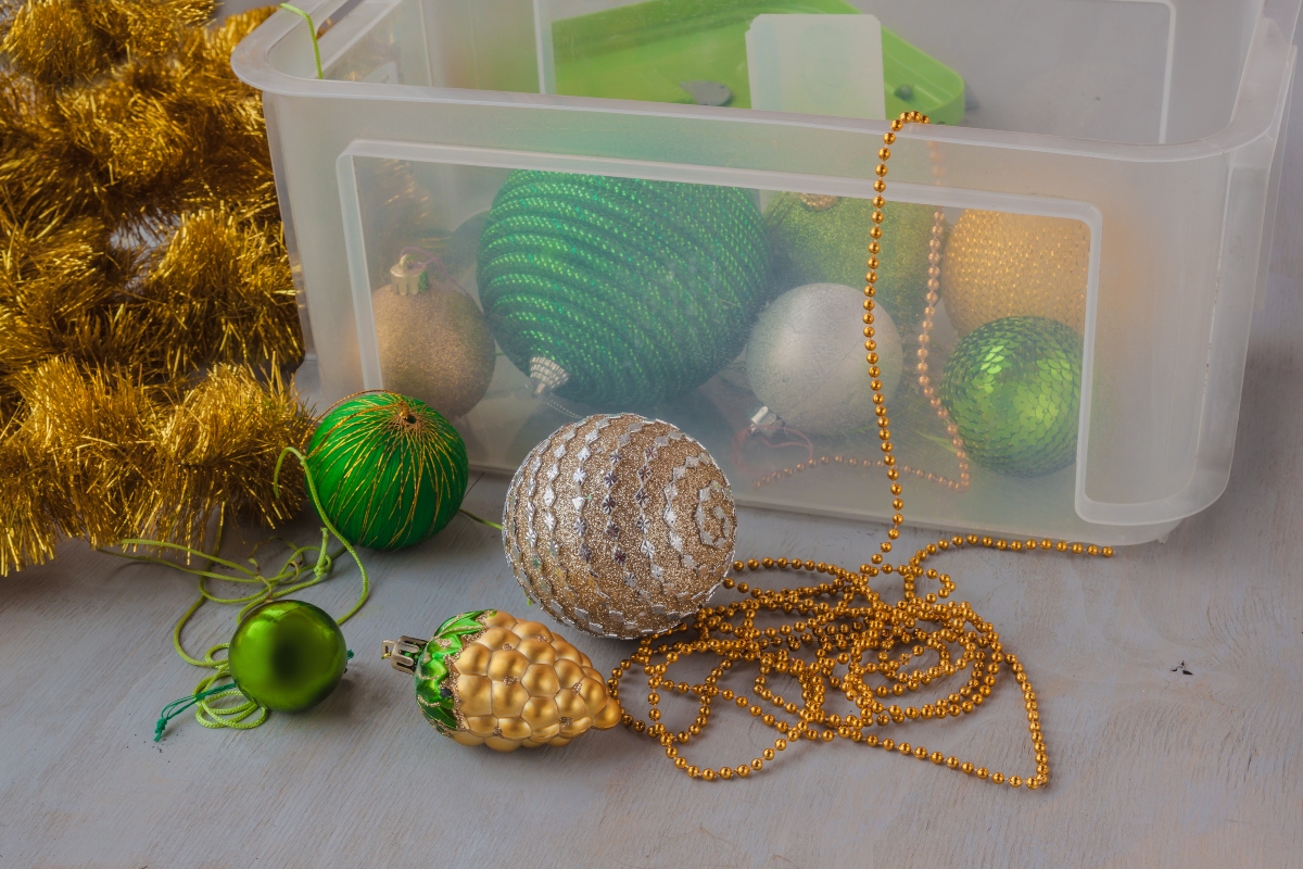 Christmas decorations in a storage bin