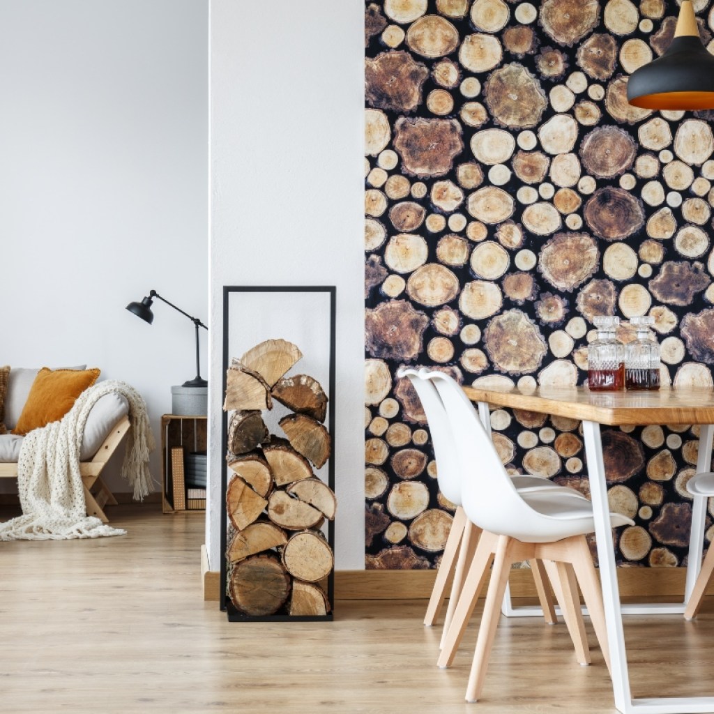 rustic wood with modern table in living room design
