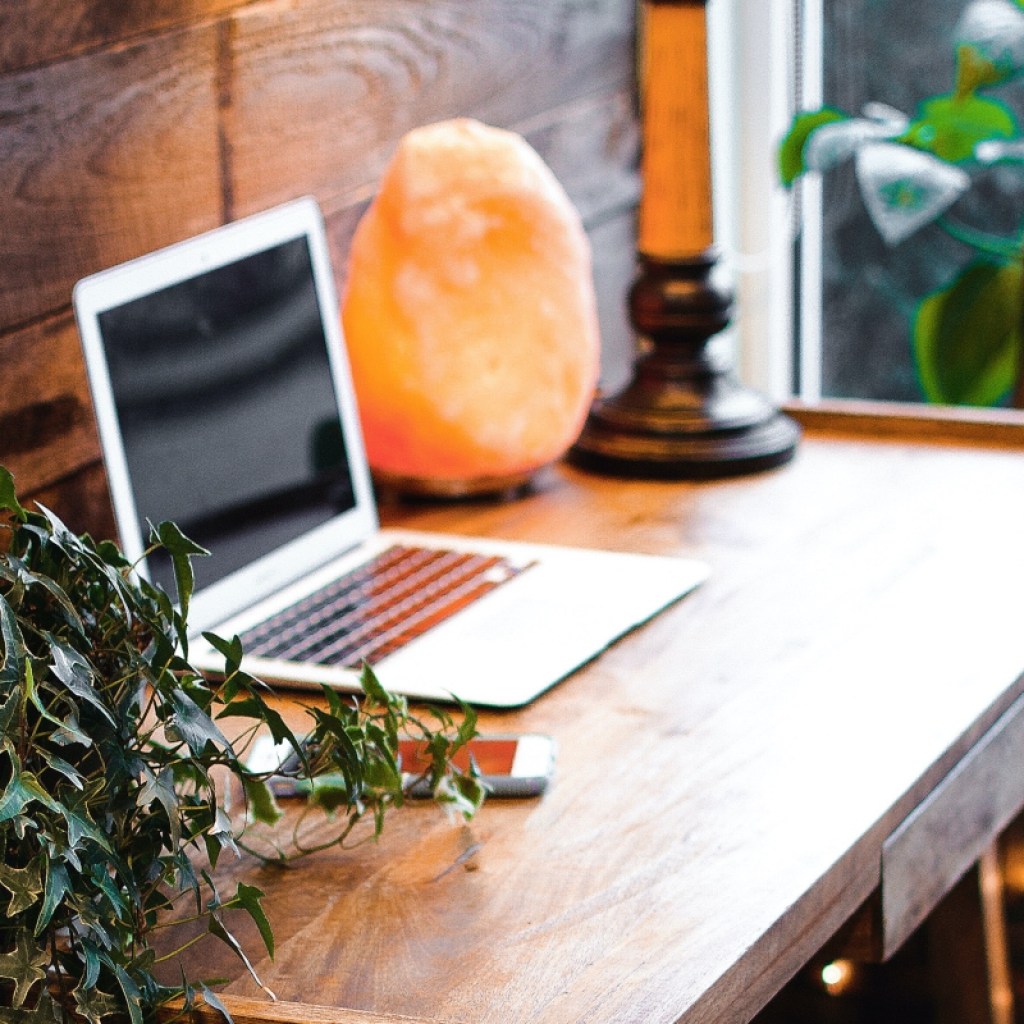 Himalayan salt lamp and plants on office desk