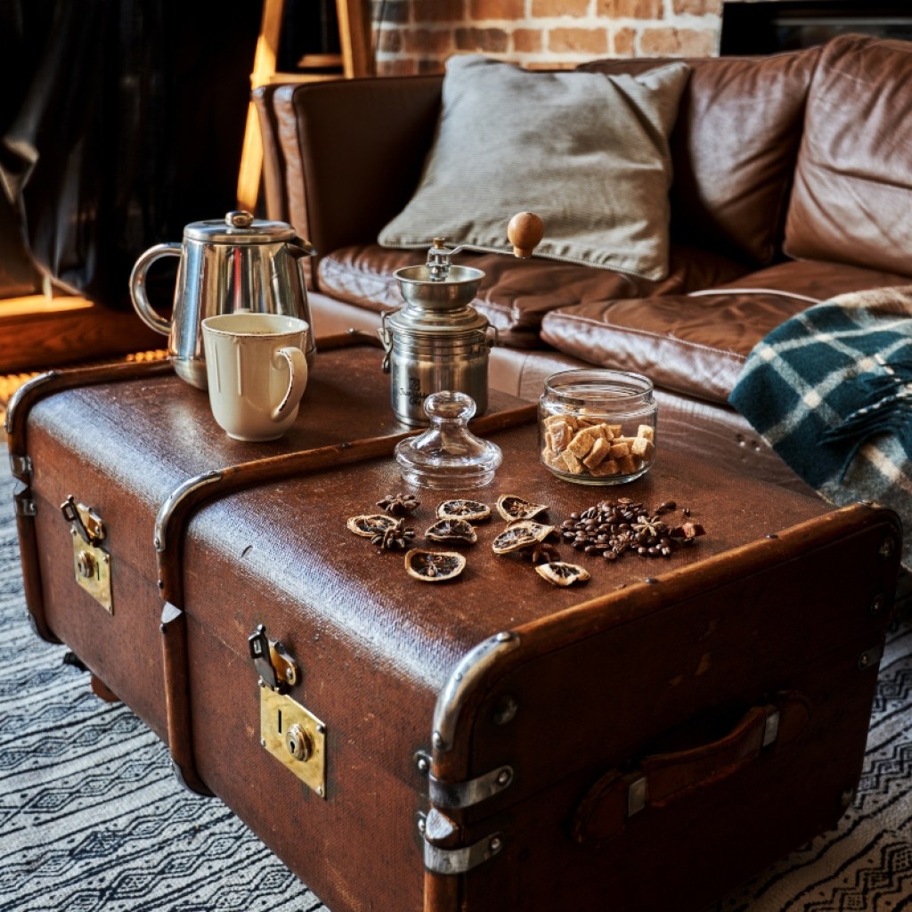 vintage chest and coffee set in rustic living room