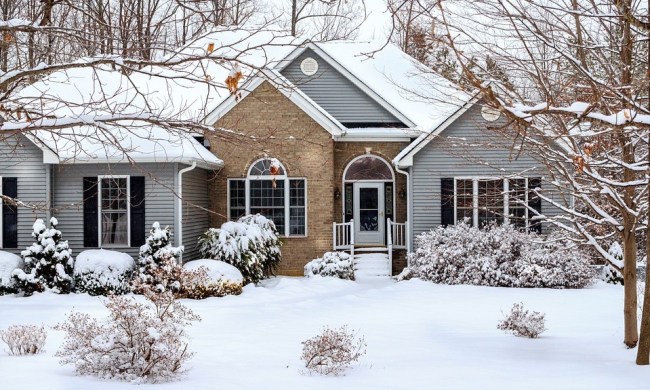 House with vinyl siding and brick in winter