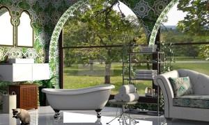 bathroom with green wallpaper, tub, and sofa