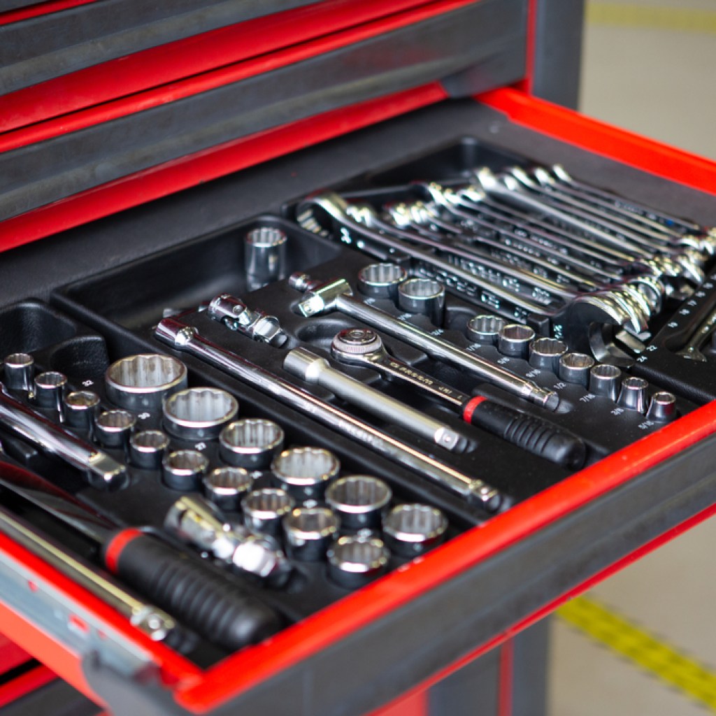 Open tray of toolbox with tools
