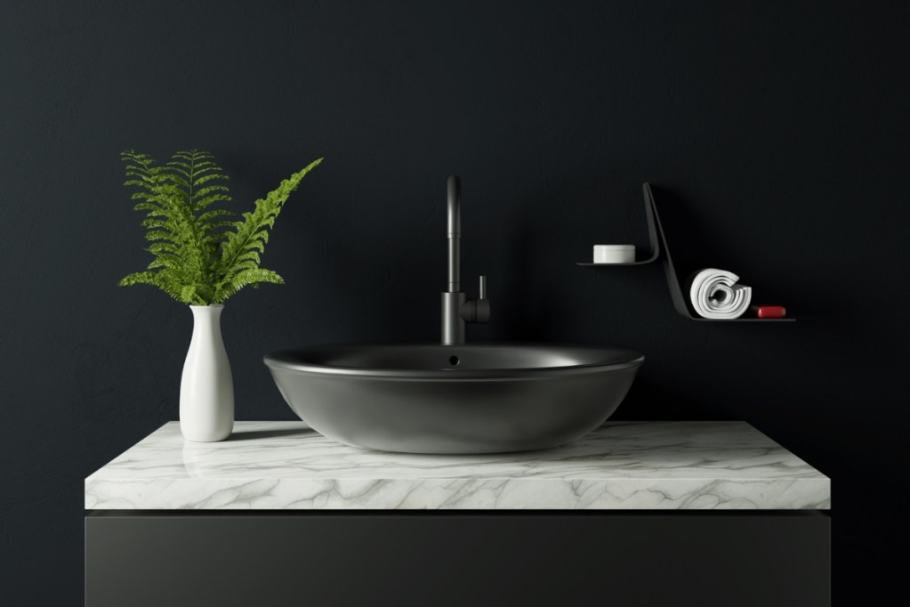 Black bathroom wall with black sink and plant decor