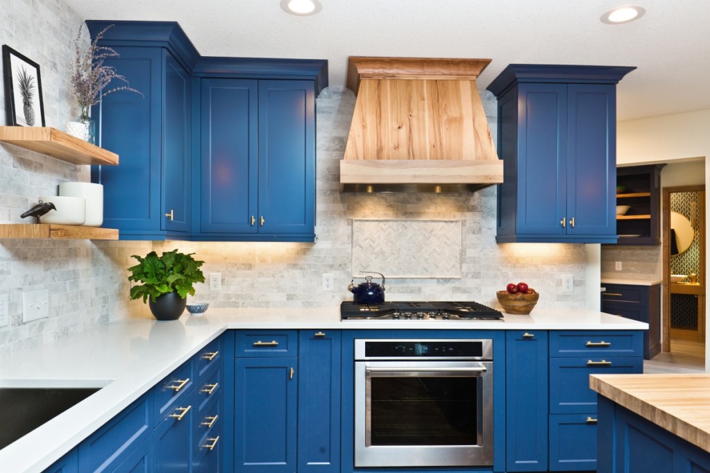 blue kitchen cabinets redecorated after kitchen remodel