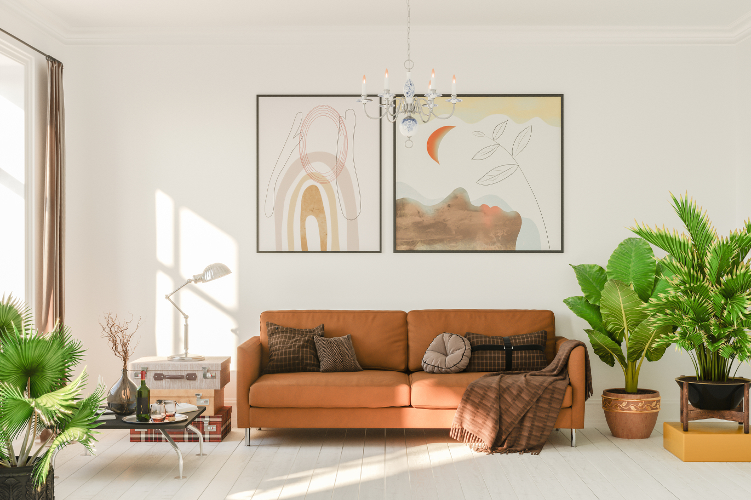 Living room in boho colors.