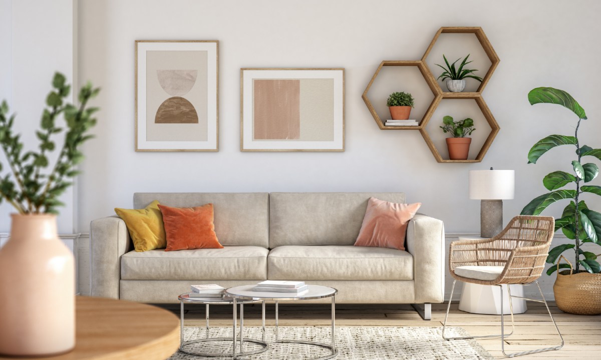 Living room in boho colors.