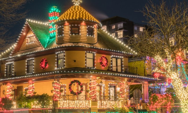 Outdoor christmas lights display on house