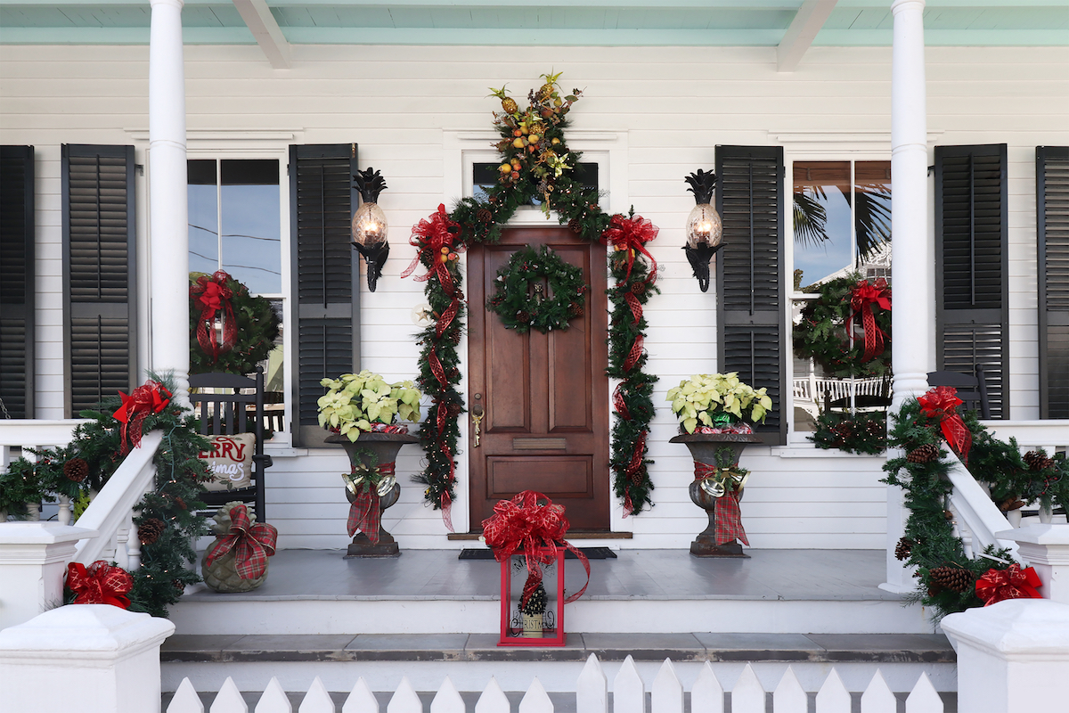 Front porch decorated for the holiday