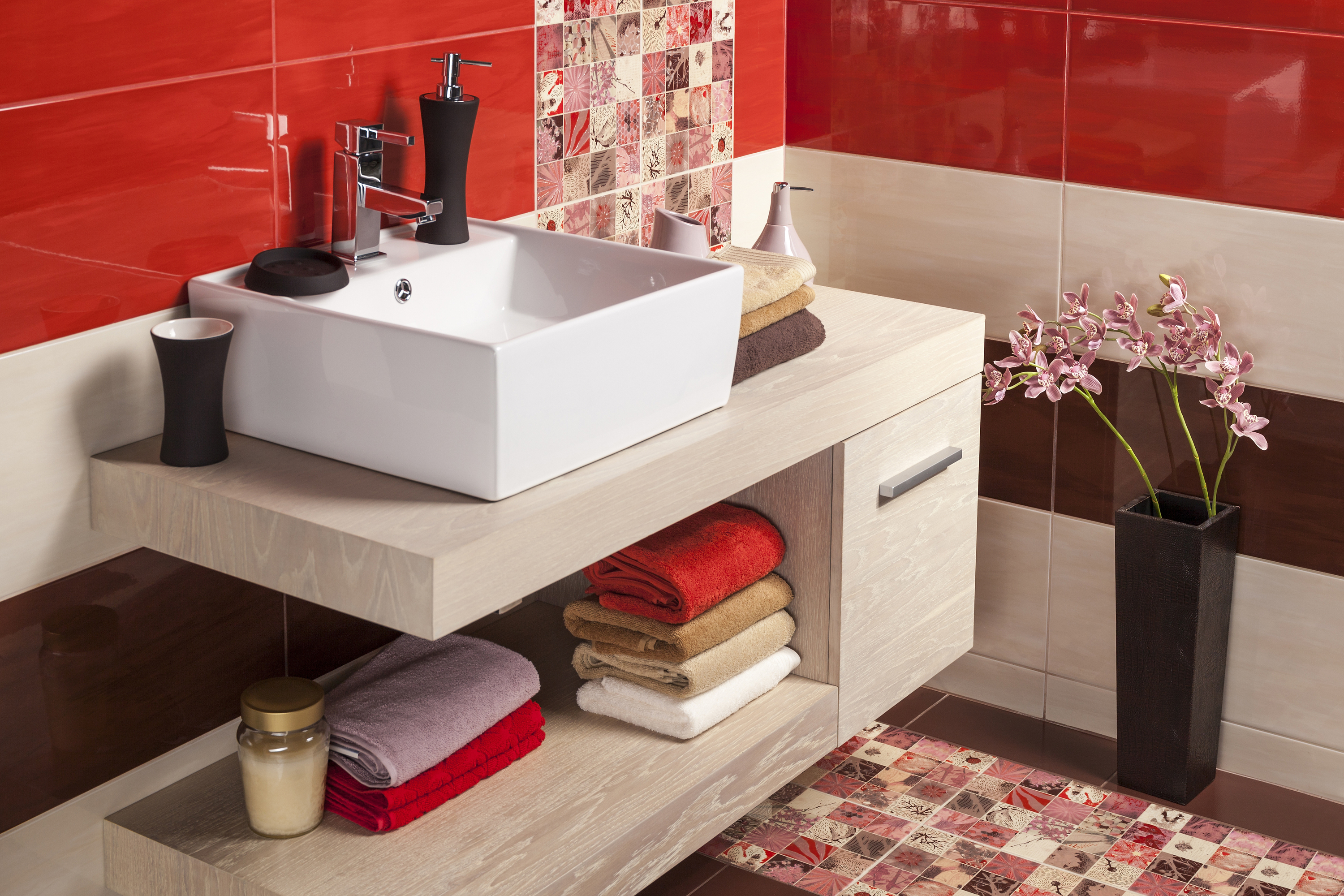 red bathroom tile and color