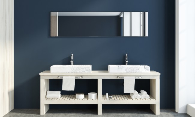 Dark blue contemporary bathroom with white double sinks