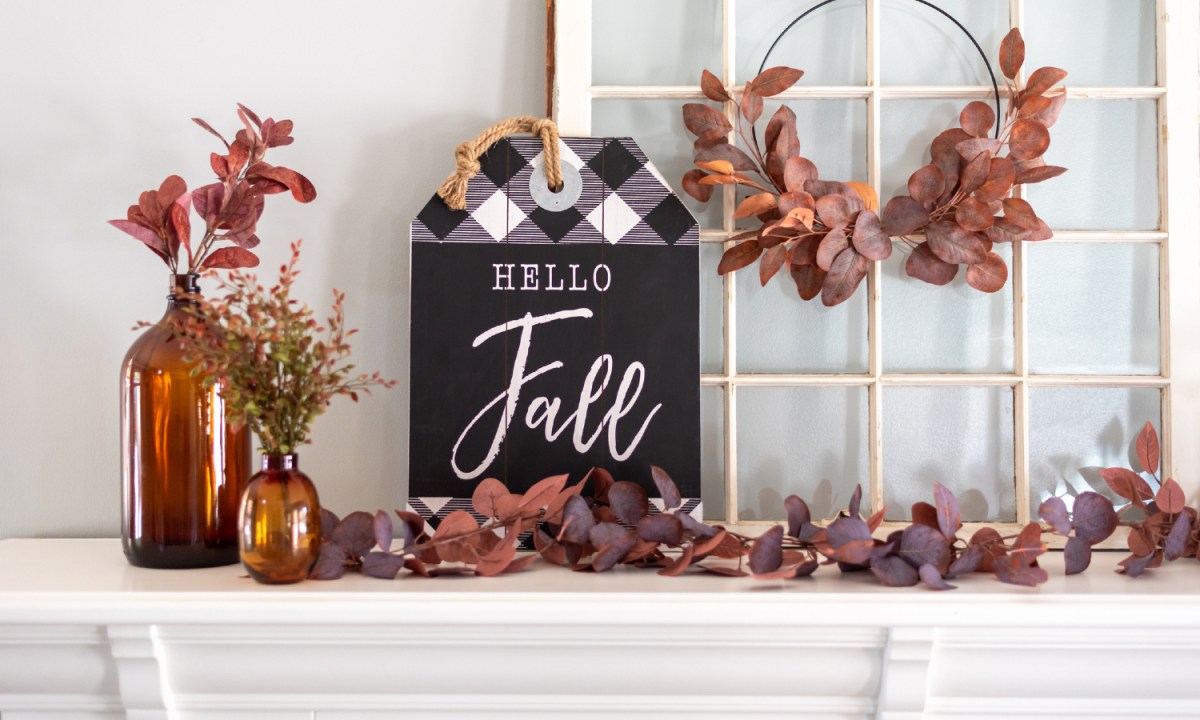 Fall mantle decor leaves and sign