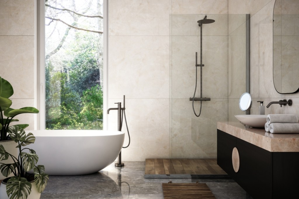 modern shower and bathtub with large window