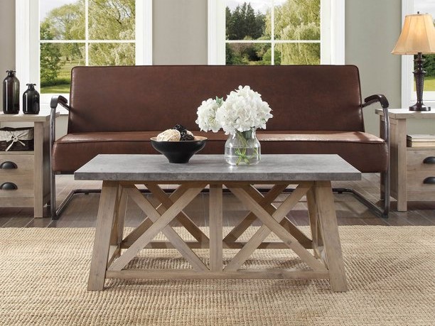 Better Homes and Gardens modern farmhouse rustic coffee table in living room.