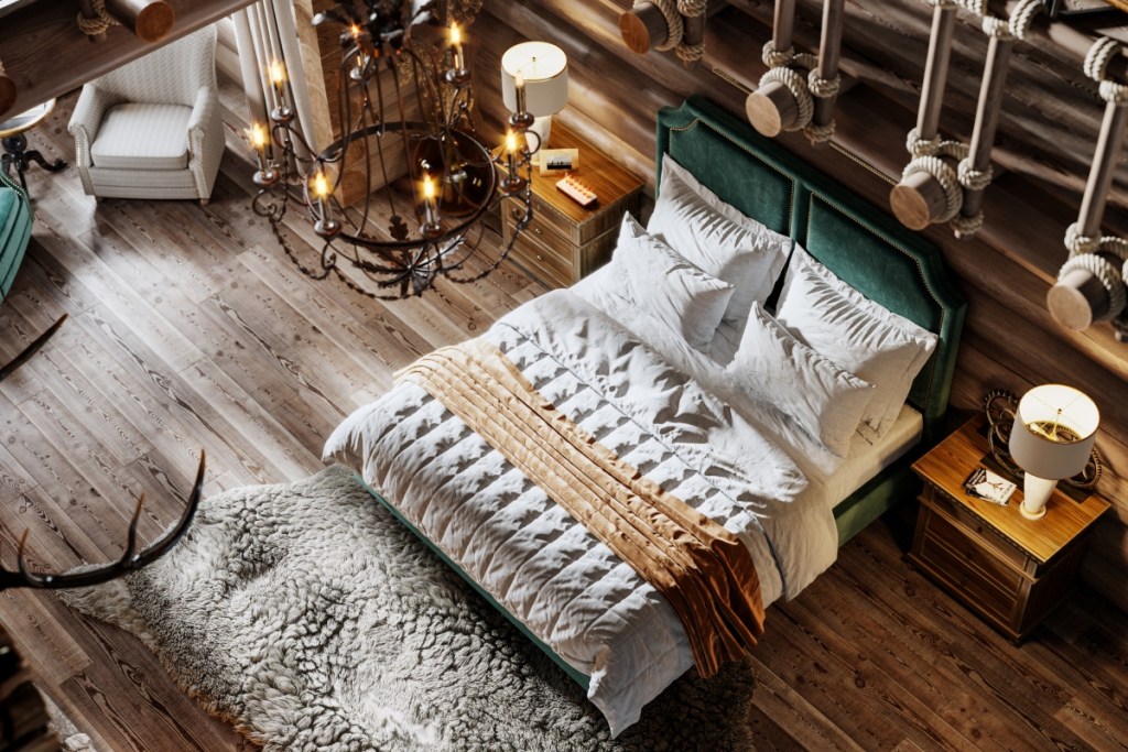 modern cabin bedroom with light colored fabrics