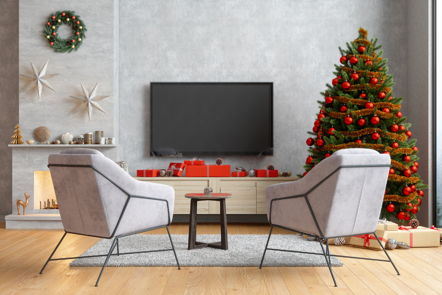 Modern christmas decorations in living room.