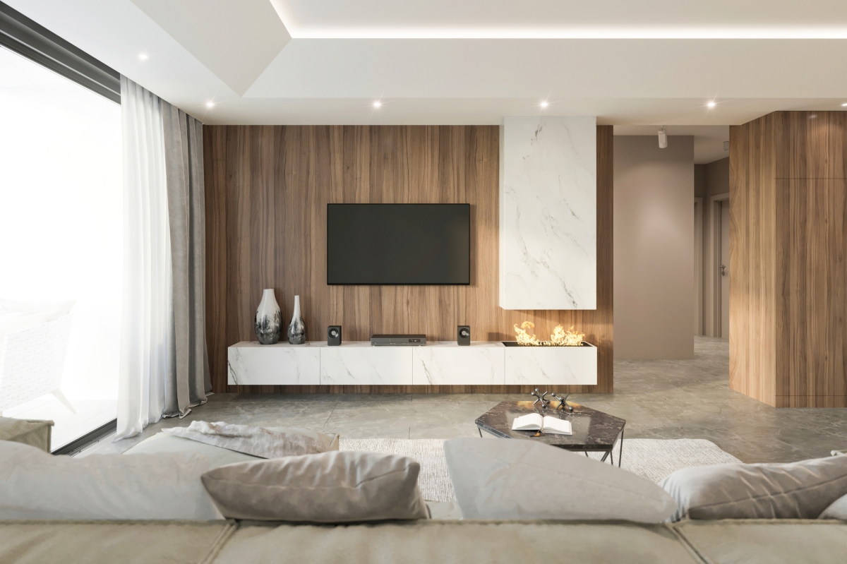 modern living room with neutral colors and retro elements