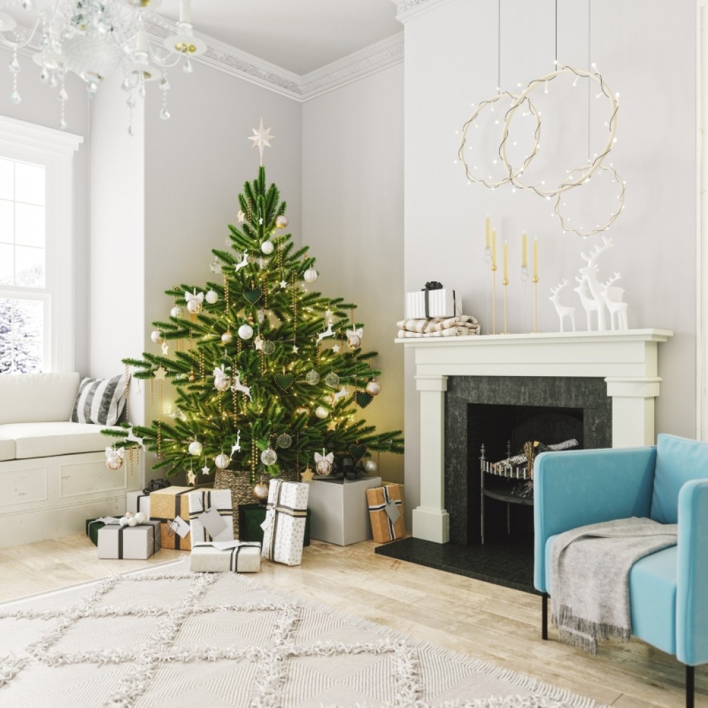 a modern white living room with christmas decor