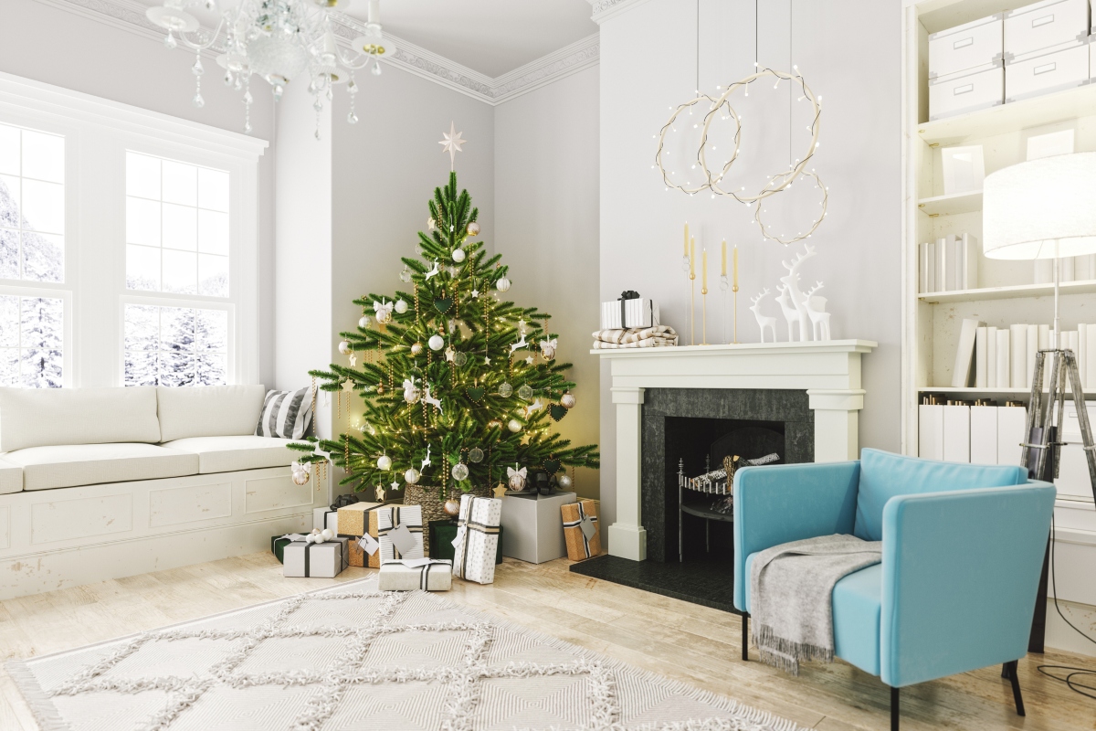 a modern white living room with christmas decor