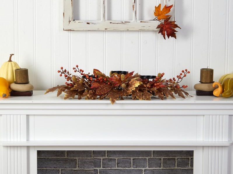 Nearly Natural Autumn Maple Leaf and Berry Candelabrum on a beautiful fireplace.