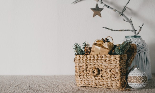 Neutral minimalist holiday decor in a basket
