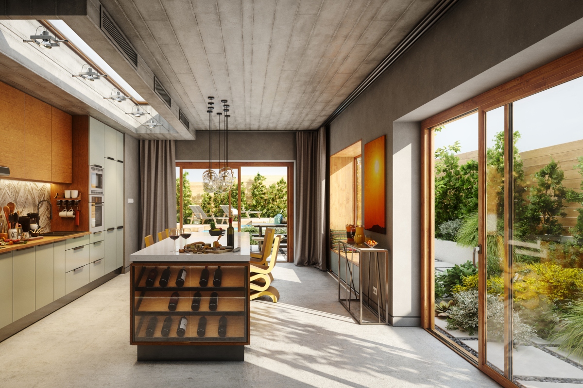 modern and open kitchen with large glass windows