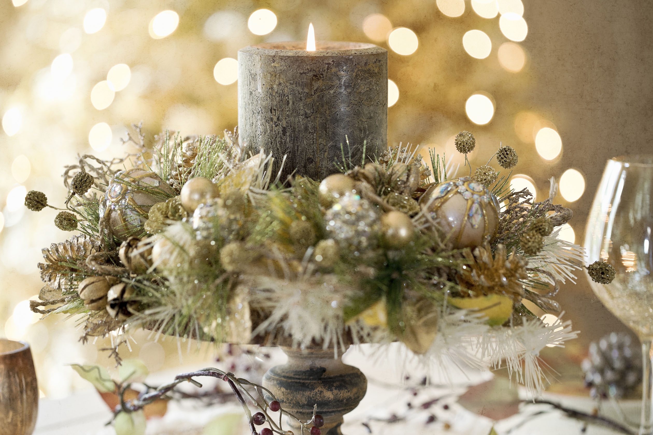 Christmas centerpiece wreath wrapped around a candle
