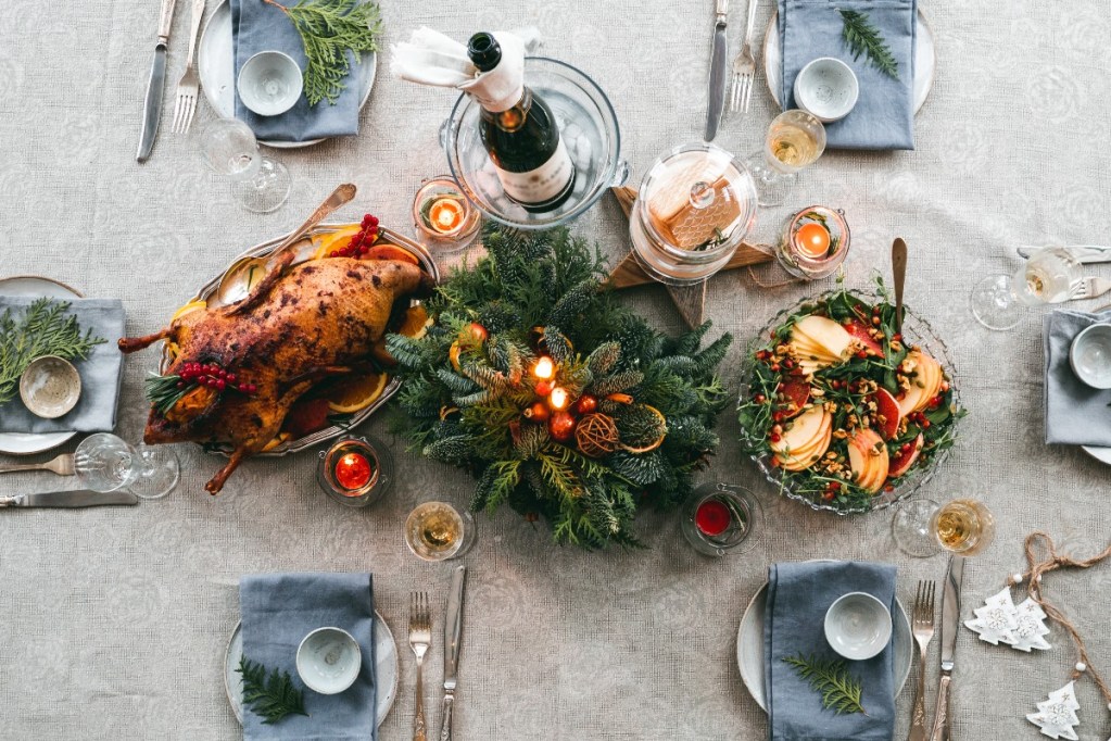 christmas table setting with food